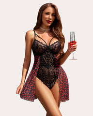 Leopard Floral Lace Snap Crotch Teddy