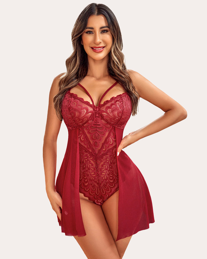 Cămașă de noapte Floral Snap Crotch Teddy Lace