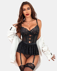 Set Lenjerie Jartieră Lace Strappy Teddy