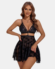 Lace Mesh V Neck Open Back Babydoll