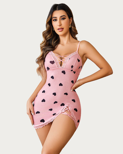 Lace V-Neck Full Slip Side Slit Sleep Dress