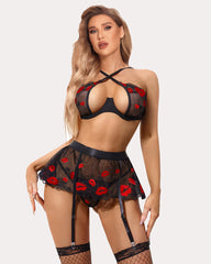 3 Piece Lace Floral Push Up Lingerie Set