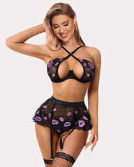 3 Piece Lace Floral Push Up Lingerie Set