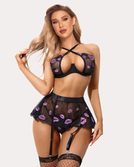 3 Piece Lace Floral Push Up Lingerie Set