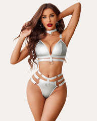 O-Ring Linked Cut Out Bra and Panty Set