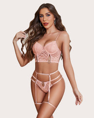 4 Piece Floral Lace Push Up Bra and Panty Set