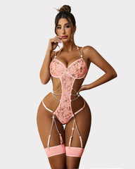 Floral Bodysuit Push Up Lingerie Chain Garter Set