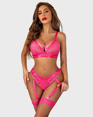 3 Piece Bra And Panty Set With Garter Belt