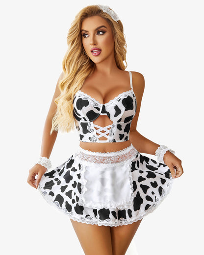 Set costum de servitoare din dantela contrast (5 buc)