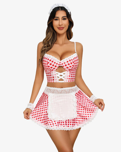 Set costum de servitoare din dantela contrast (5 buc)