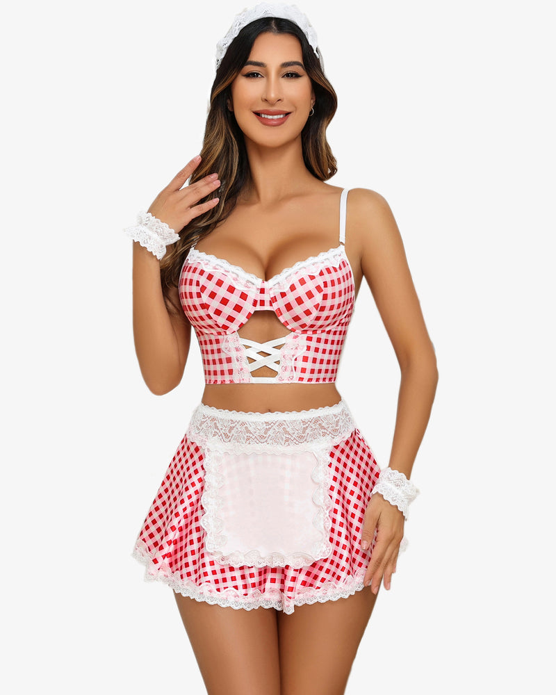 Set costum de servitoare din dantela contrast (5 buc)