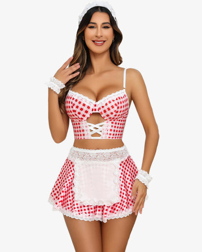 Set costum de servitoare din dantela contrast (5 buc)
