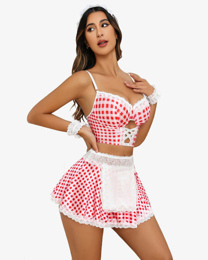 Set costum de servitoare din dantela contrast (5 buc)