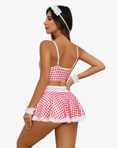 Set costum de servitoare din dantela contrast (5 buc)