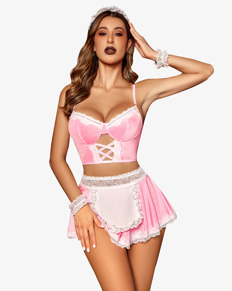 Set costum de servitoare din dantela contrast (5 buc)