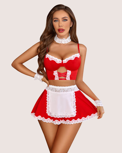 Set costum de servitoare din dantela contrast (5 buc)