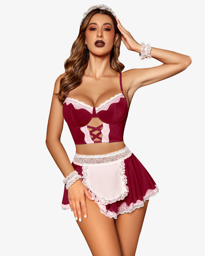 Set costum de servitoare din dantela contrast (5 buc)
