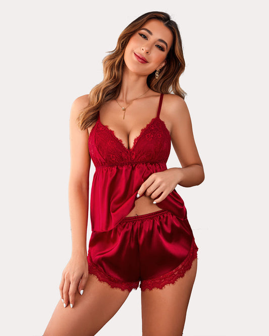 Set de pijamale din mătase 2 piese, top și pantaloni scurți