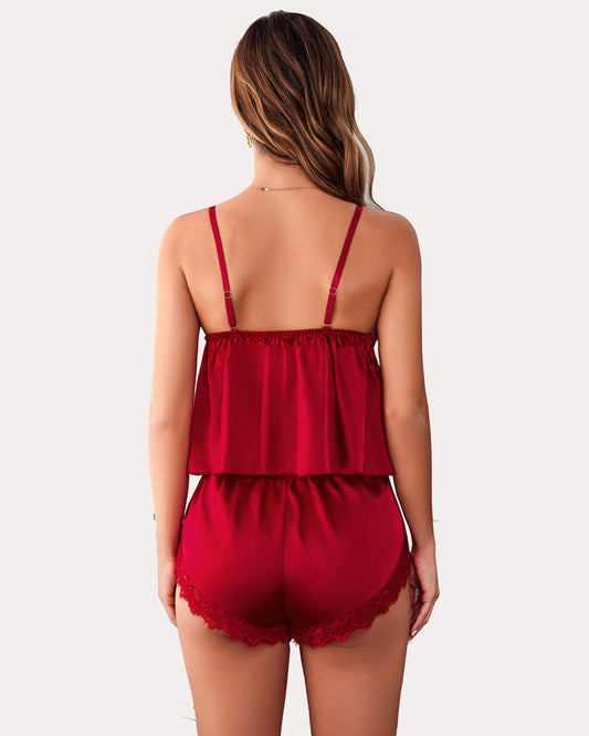 Set de pijamale din mătase 2 piese, top și pantaloni scurți
