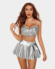 Sequin Fringe Metallic Skirt Set