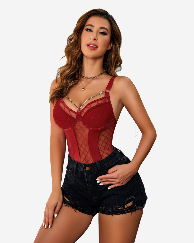 Set body cu sutien push up din plasă cu lanț