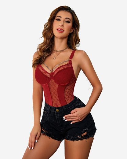 Set body cu sutien push up din plasă cu lanț