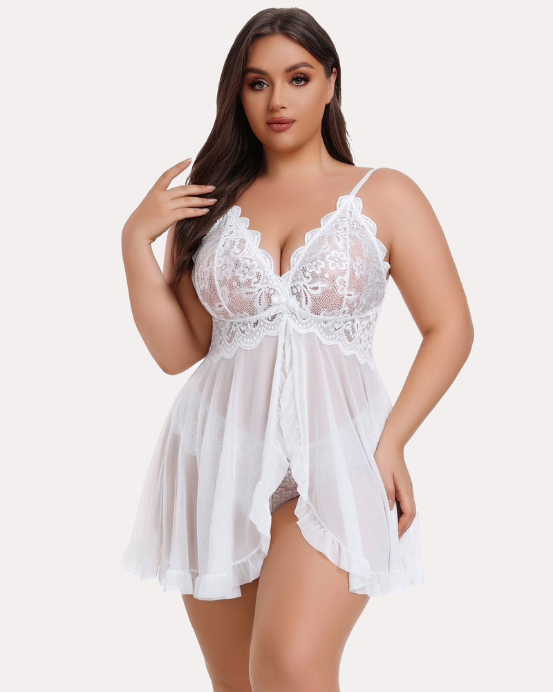 Plus Size Lace V-Neck Open Front Strap Babydoll