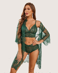 3 Piece Bra and Panty Sets with Lace Kimono Robe