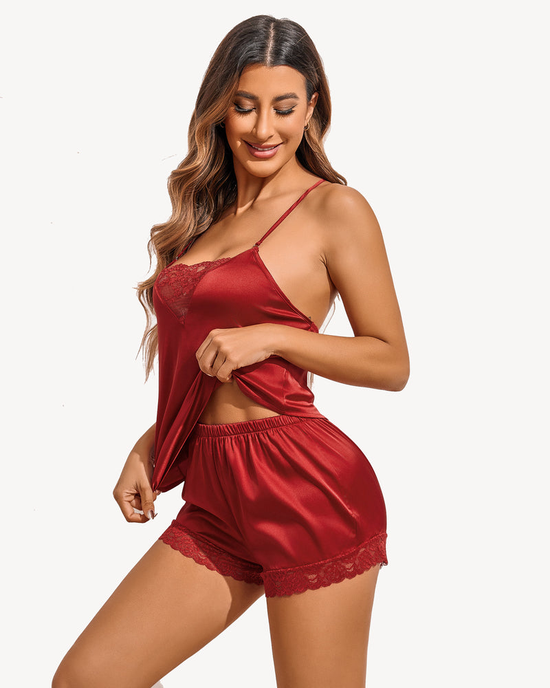 Set pijamale din satin Set pantaloni scurți pijamale fără spate
