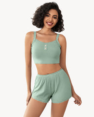 Lace Trim Pajamas Set Ribbed Shorts Pjs Sets