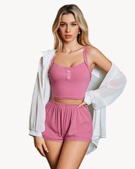 Lace Trim Pajamas Set Ribbed Shorts Pjs Sets