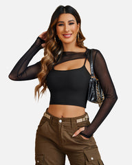 2 Pieces Sets Mesh Crop Top with Cami Top