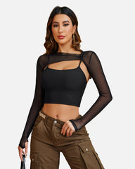 2 Pieces Sets Mesh Crop Top with Cami Top