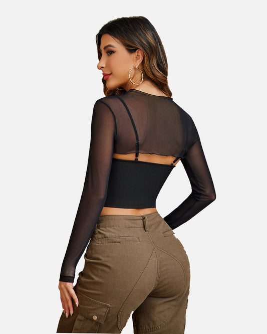 2 Pieces Sets Mesh Crop Top with Cami Top