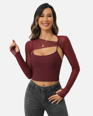 2 Pieces Sets Mesh Crop Top with Cami Top