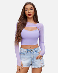 2 Pieces Sets Mesh Crop Top with Cami Top