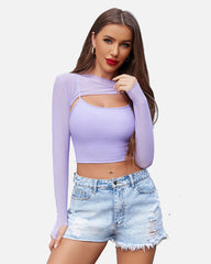 2 Pieces Sets Mesh Crop Top with Cami Top