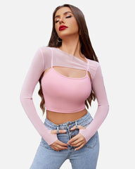 2 Pieces Sets Mesh Crop Top with Cami Top