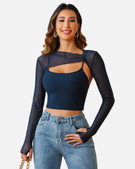 2 Pieces Sets Mesh Crop Top with Cami Top