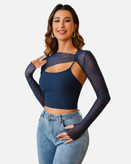 2 Pieces Sets Mesh Crop Top with Cami Top