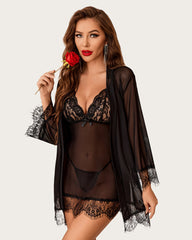 4 Piece Sets Mesh Kimono Robe with Lace Dress