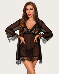 4 Piece Sets Mesh Kimono Robe with Lace Dress