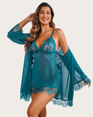 4 Piece Sets Mesh Kimono Robe with Lace Dress