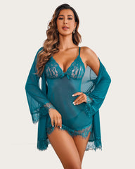 4 Piece Sets Mesh Kimono Robe with Lace Dress