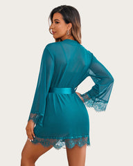 4 Piece Sets Mesh Kimono Robe with Lace Dress