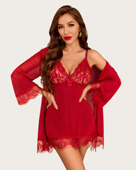 4 Piece Sets Mesh Kimono Robe with Lace Dress