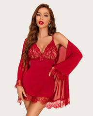 4 Piece Sets Mesh Kimono Robe with Lace Dress