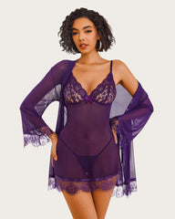 4 Piece Sets Mesh Kimono Robe with Lace Dress