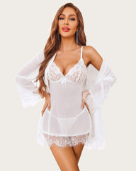 4 Piece Sets Mesh Kimono Robe with Lace Dress