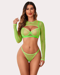 3 Piece Fishnet Long Sleeve Lingerie Set